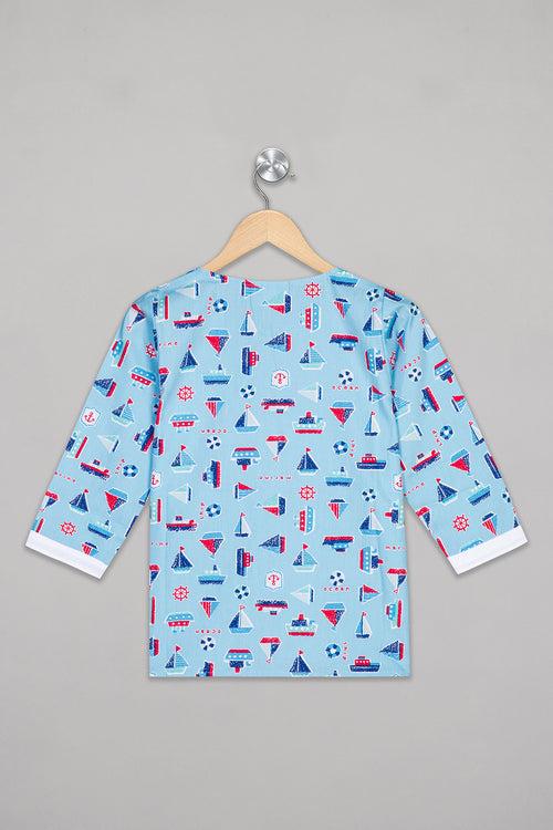 Blue Sailing Boats Kurta Pj Set