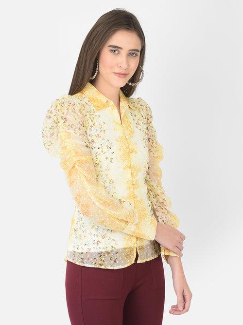 Yellow Shirt Collar Long Sleeve Printed Top For Casual Wear