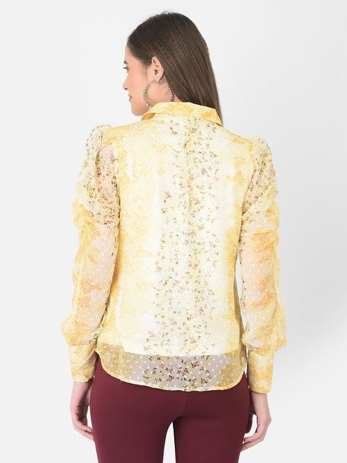 Yellow Shirt Collar Long Sleeve Printed Top For Casual Wear