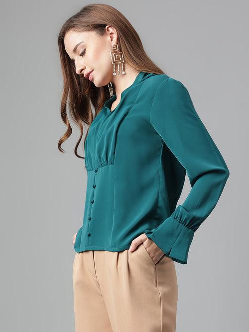 Green V-Neck Long Sleeve Solid Top For Casual Wear