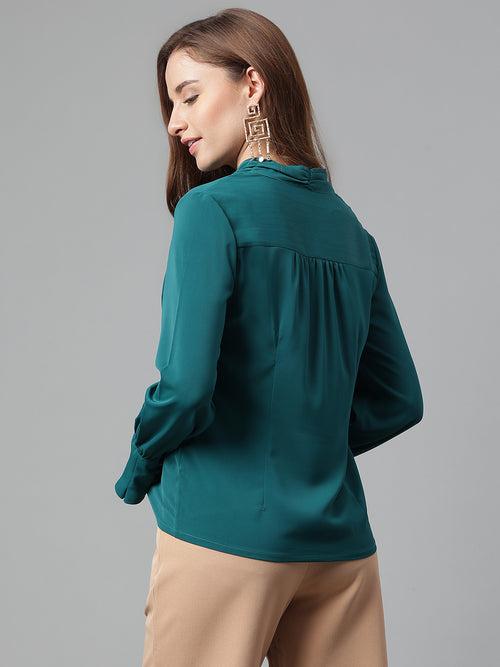 Green V-Neck Long Sleeve Solid Top For Casual Wear