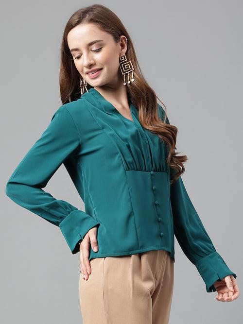 Green V-Neck Long Sleeve Solid Top For Casual Wear