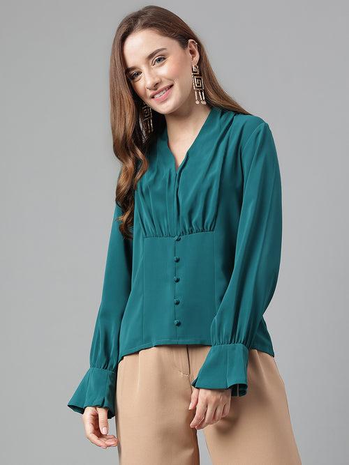 Green V Neck Long Sleeves Solid Top For Casual Wear