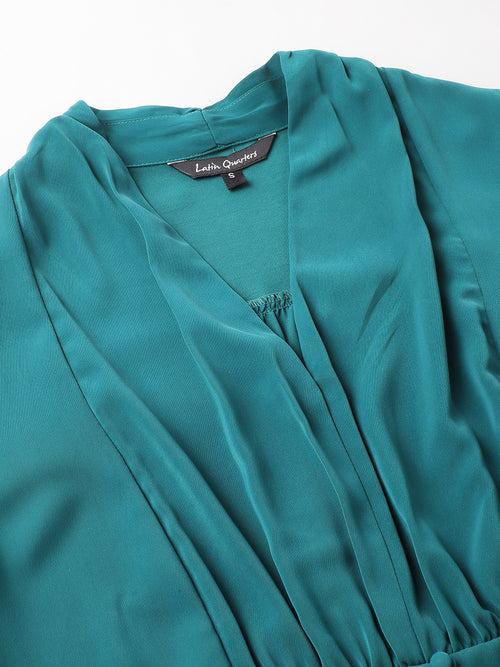 Green V Neck Long Sleeves Solid Top For Casual Wear