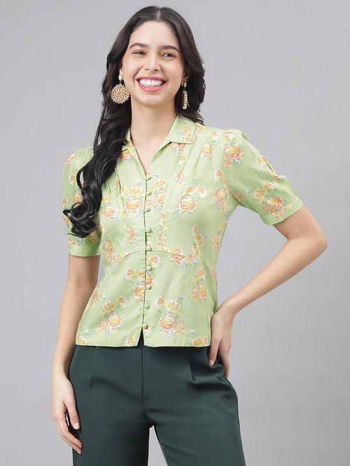 Green Half Sleeve Shirt Collar Women Floral Top