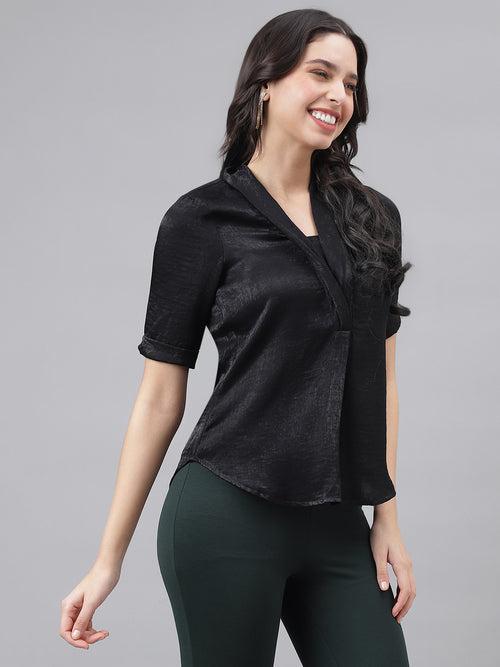 Black Half Sleeve V-Neck Women Solid Top