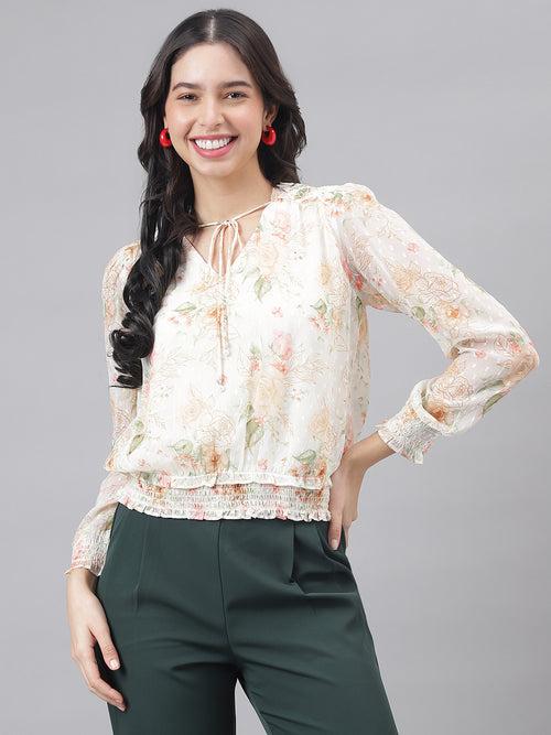 Ivory Full Sleeve V-Neck Women Floral Top