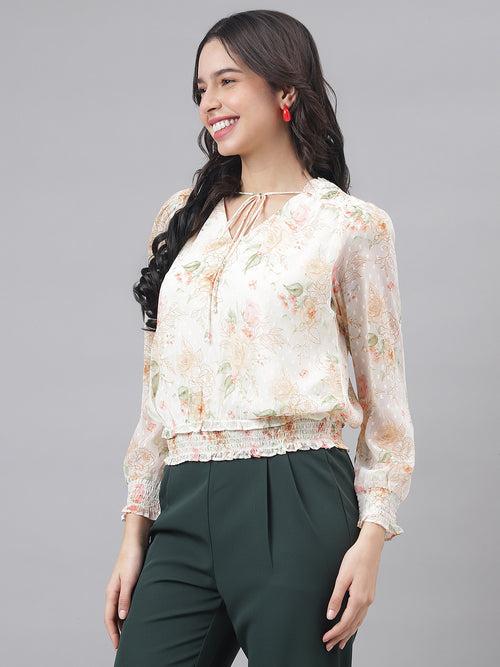 Ivory Full Sleeve V-Neck Women Floral Top