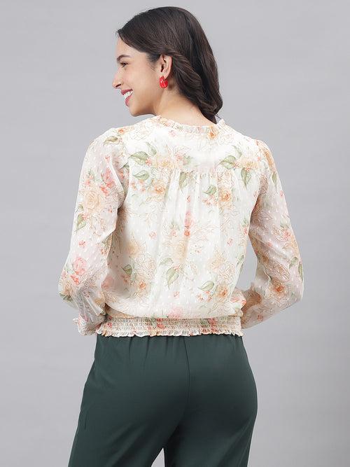 Ivory Full Sleeve V-Neck Women Floral Top