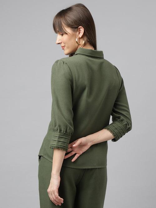 Green Full Sleeve Spread Collar Solid Shirt For Casual Wear