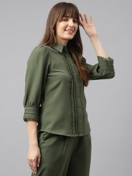 Green Full Sleeve Spread Collar Solid Shirt For Casual Wear