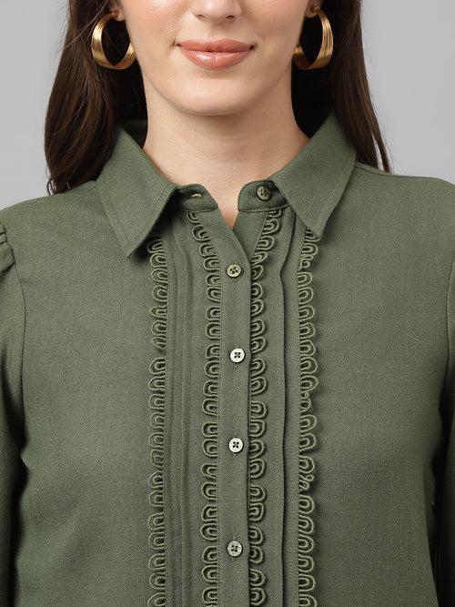 Green Full Sleeve Spread Collar Solid Shirt For Casual Wear