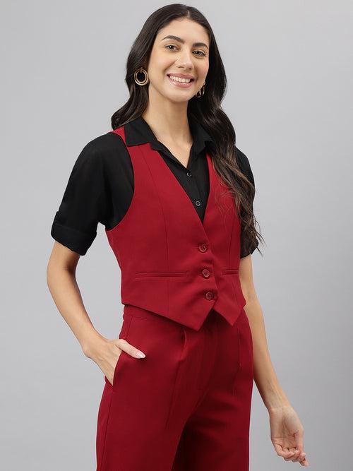 Red Solid Sleeveless Casual Jacket