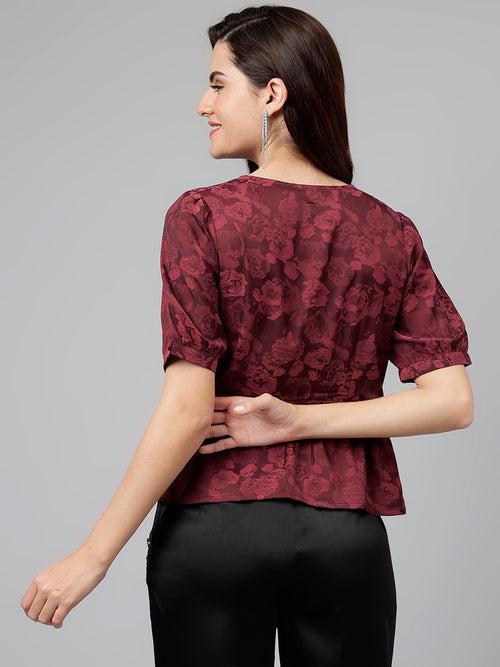 Maroon Solid Polyester Stretch Blouse