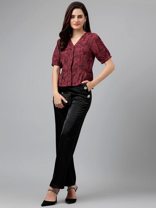 Maroon Solid Polyester Stretch Blouse