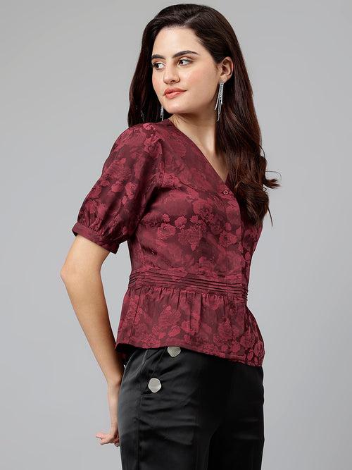 Maroon Solid Polyester Stretch Blouse