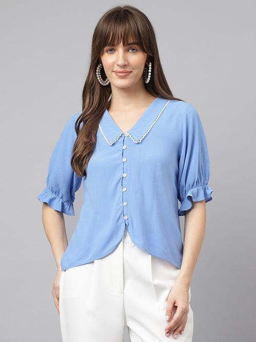 Blue Half Sleeve Spread Collar Solid Shirt For Casual Wear