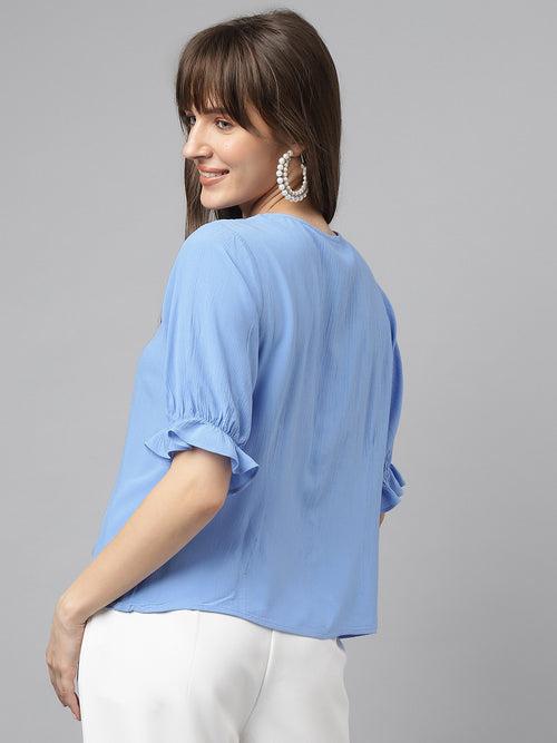 Blue Half Sleeve Spread Collar Solid Shirt For Casual Wear