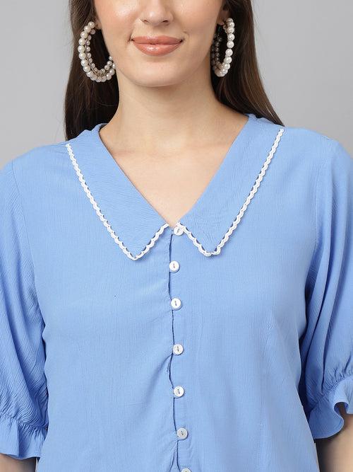 Blue Half Sleeve Spread Collar Solid Shirt For Casual Wear