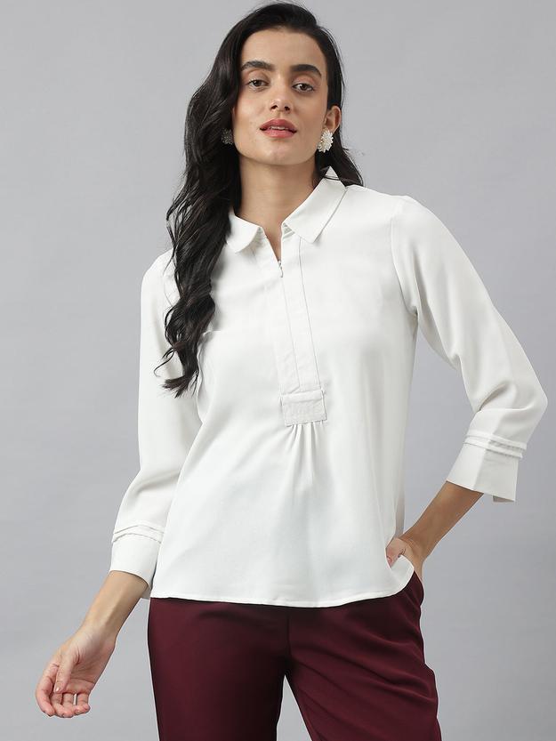 White 3/4 Sleeve Collared Neck Solid Top For Casual Wear