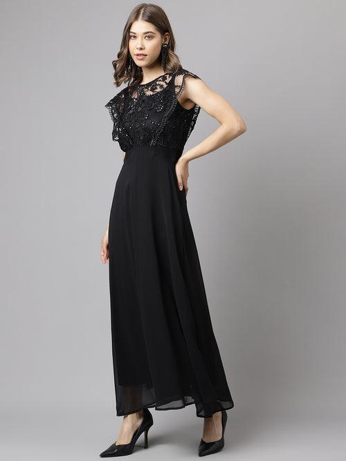 Cap Sleeve Polyester Maxi Dress Black