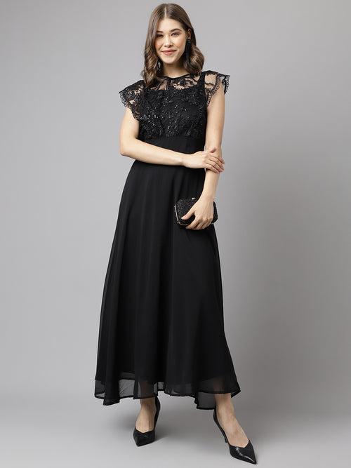 Cap Sleeve Polyester Maxi Dress Black