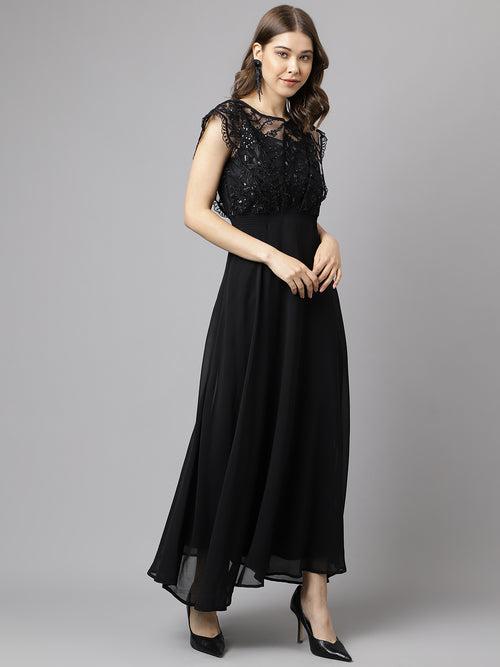 Cap Sleeve Polyester Maxi Dress Black