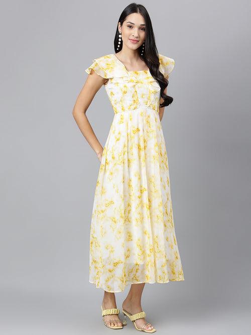 Yellow Short Sleeves Square Neck Dyed Maxi Dress For Casual Wear