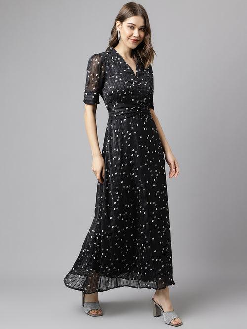 Black Short Sleeves V-Neck Printed Maxi Dress For Casual Wear