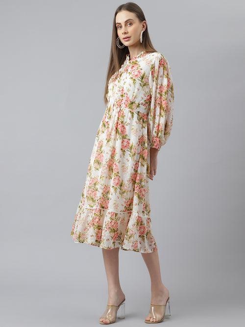 Full Sleeves Floral Printed Midi Dress Red