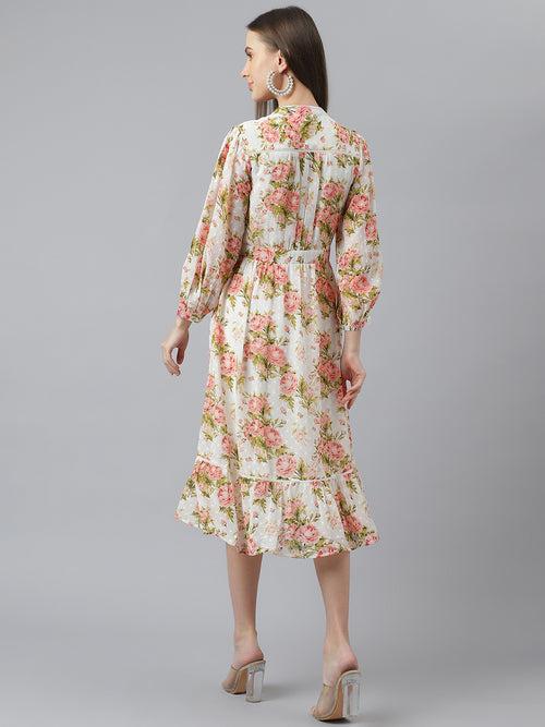 Full Sleeves Floral Printed Midi Dress Red