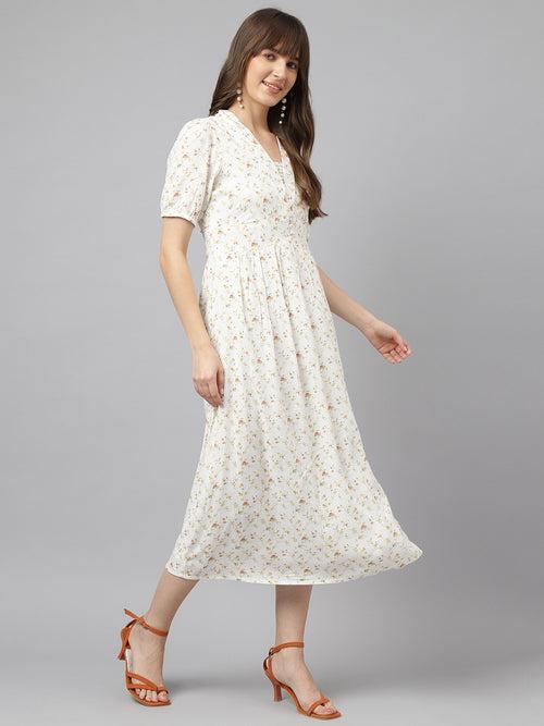 Green V-Neck Half Sleeves Printed A-Line Dress For Casual Wear