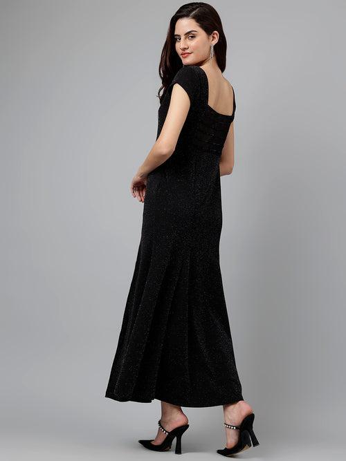 Black Solid Polyester Stretch Maxi Dress