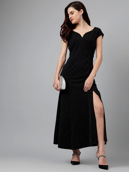 Black Solid Polyester Stretch Maxi Dress