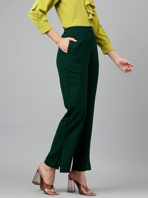 Ankle Length Solid Dark Green Pants