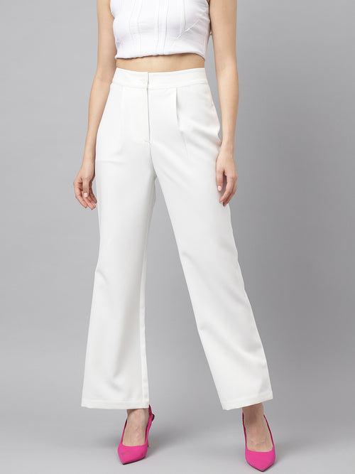 White Solid High-Rise Trousers/Pant For Casual Wear