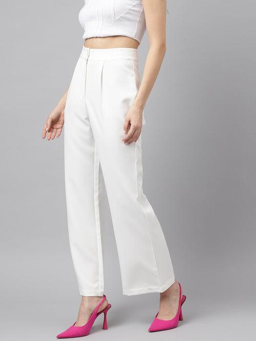 White Solid High-Rise Trousers/Pant For Casual Wear