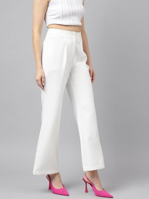 White Solid High-Rise Trousers/Pant For Casual Wear