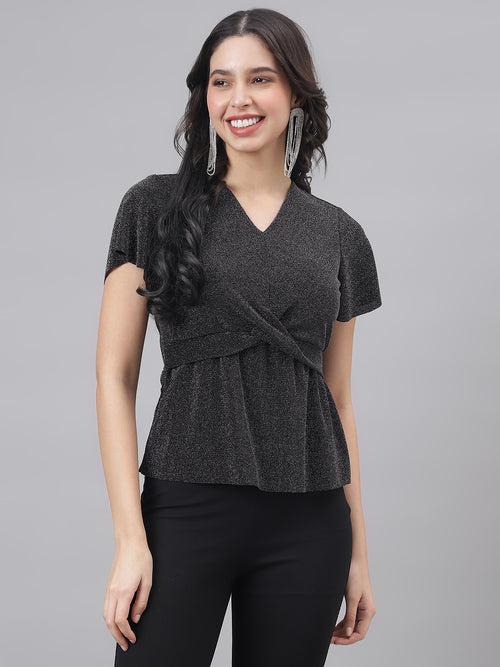 Black v Neck Short Sleeve Party Top