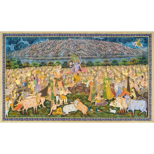 Krishna Lifting Mount Govardhan Pichwai Handmade Painting For Home Wall Decor