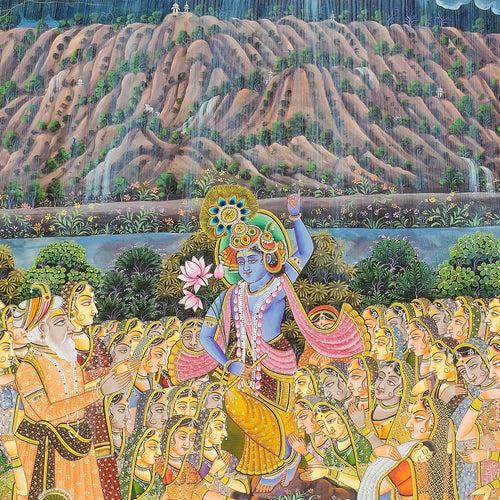 Krishna Lifting Mount Govardhan Pichwai Handmade Painting For Home Wall Decor