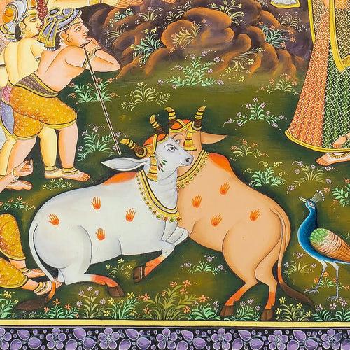 Krishna Lifting Mount Govardhan Pichwai Handmade Painting For Home Wall Decor