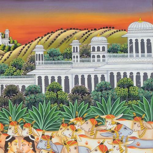 Krishna Leaving Vrindavan Pichwai Handmade Painting For Home Wall Decor