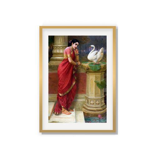 Raja Ravi Varma Artwork Painting - Ravi Varma-Princess Damayanthi talking with Royal Swan about Nala