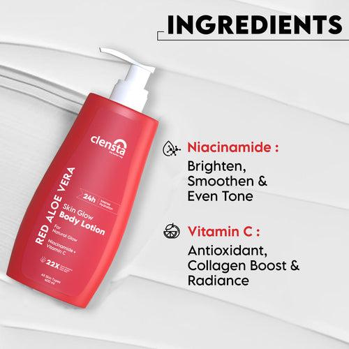 Red Aloe Vera Skin Glow Body Lotion Enriched With 2% Niacinamide & Vitamin C for Collagen Production, Pore Tightening, Softening Fine Lines and an Even Skin Tone