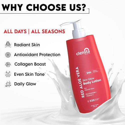 Red Aloe Vera Skin Glow Body Lotion Enriched With 2% Niacinamide & Vitamin C for Collagen Production, Pore Tightening, Softening Fine Lines and an Even Skin Tone - Pack of 2