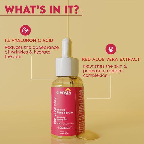 Red Aloe Vera Rosehip Face Serum With Red Aloe Vera, Rosehip Oil and 1.0% Hyaluronic Acid for Hydrating & Glowing Skin