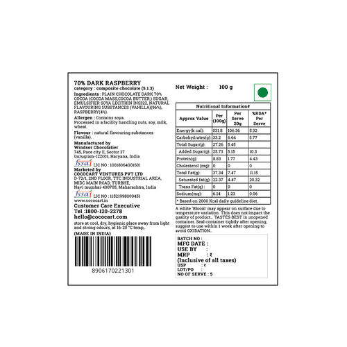 Rhine Valley 70% Dark Raspberry Bar 100g