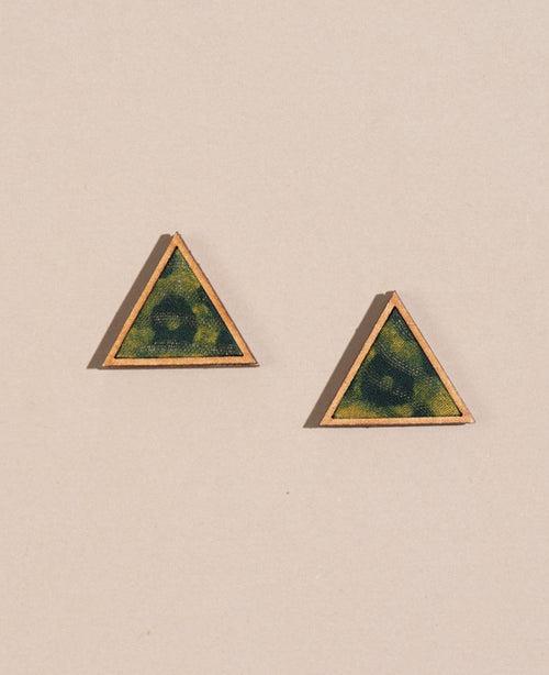 WHE Green Batik Triangular Studs made of Repurposed Fabric and Wood