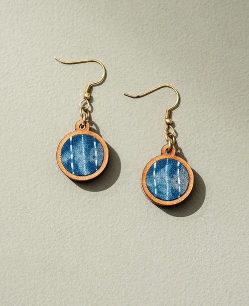 WHE Blue Kantha Batik Fabric and Repurposed Wood Earrings